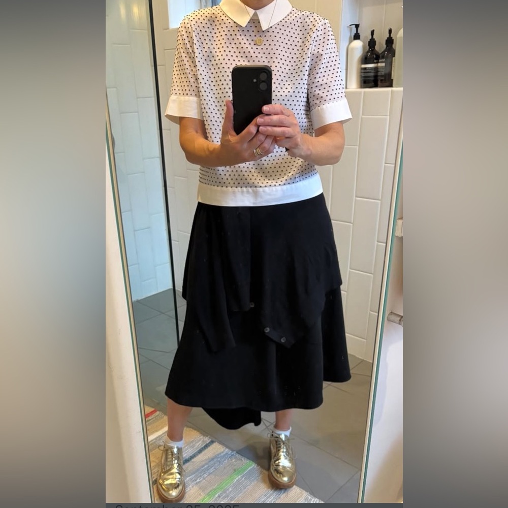 Maud Heline White Cotton Voile Top w/ Black Swiss dot flocking